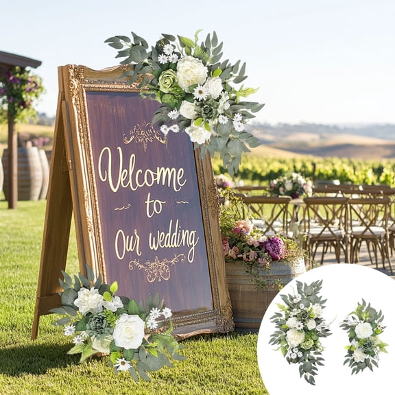 2PC Wedding Arch Flowers & Welcome Sign Floral Decor, Realistic Silk & Plastic Simulation Blooms, Table Centerpiece & Photography Backdrop, Indoor Outdoor Ceremony Decoration