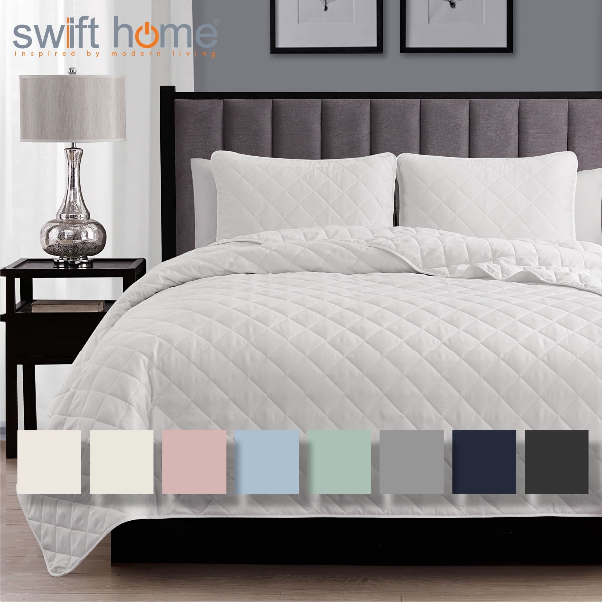 White Twin Microfiber Reversible Quilt Set with Shams