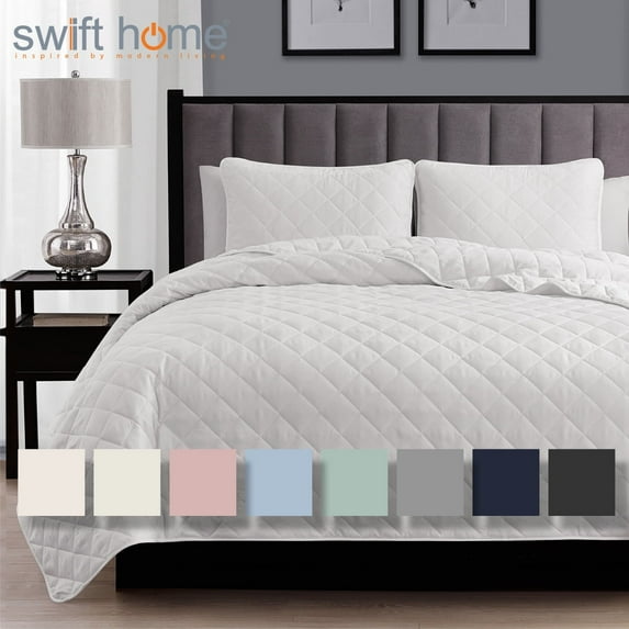Swift Home 2PC Reversible Diamond Stitch Lightweight Quilt & Sham Set, White, Twin/Twin XL