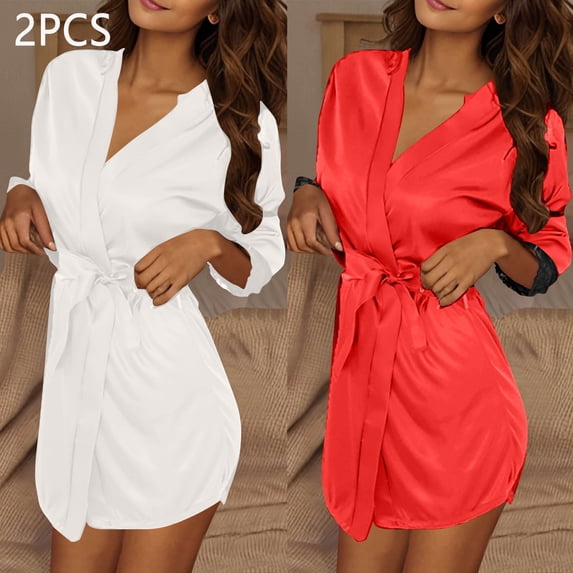 2PC Women Lightweight Bathrobes V Neck Comfy Solid Color Loungewear Long Sleeve Housecoat Short Nightwear New Bath Robe Women Lightweight Style B-2 White One Size