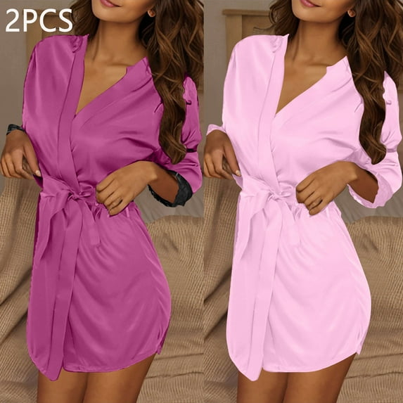2PC Women Lightweight Bathrobes V Neck Comfy Solid Color Loungewear Long Sleeve Housecoat Short Nightwear New Bath Robes for Women Plus Size Style B-5 Pinky One Size