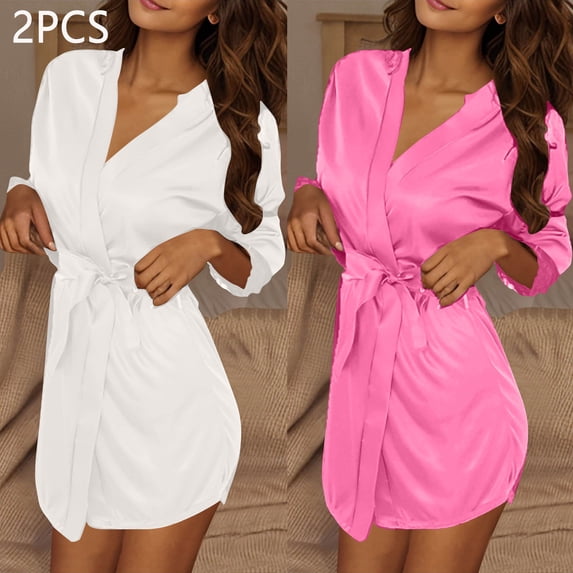 2PC Women Lightweight Bathrobes V Neck Comfy Solid Color Loungewear Long Sleeve Housecoat Short Nightwear New Women Nightgown Style B-6 White One Size