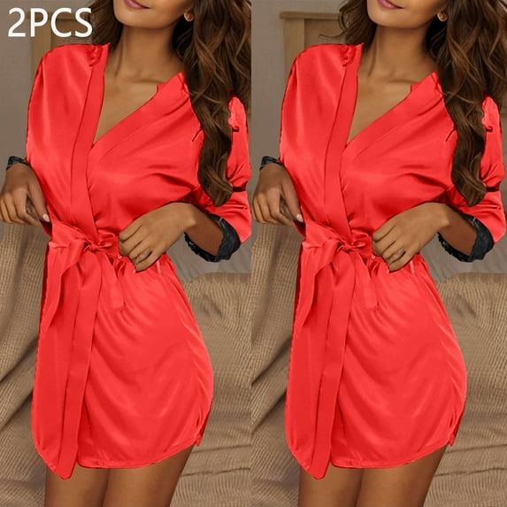 2PC Women Lightweight Bathrobes V Neck Comfy Solid Color Loungewear Long Sleeve Housecoat Short Nightwear New Womens Nightgown Style B-1 Red One Size