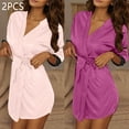 thumbnail image 1 of 2PC Women Lightweight Bathrobes V Neck Comfy Solid Color Loungewear Long Sleeve Housecoat Short Nightwear Style B-5 New Beige One Size, 1 of 9