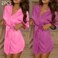 thumbnail image 1 of 2PC Women Lightweight Bathrobes V Neck Comfy Solid Color Loungewear Long Sleeve Housecoat Short Nightwear Style B-5 New Pinks One Size, 1 of 9