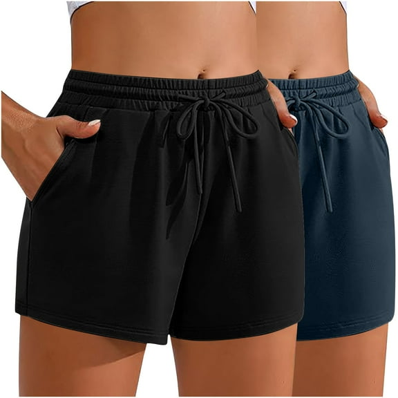 2PC Women'S Solid Color Casual Drawstring Sports Shorts With Pocket Multicolor qILAKOG Size S