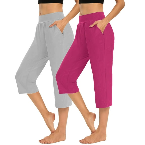 2PC Women's Athletic Capris Pants With Pockets and Elastic Waist Casual Solid Color Cropped