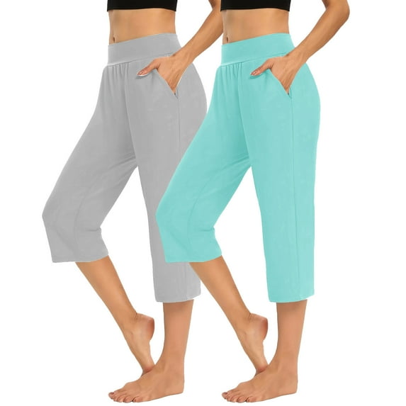 2PC Women's Athletic Capris Pants With Pockets and Elastic Waist Casual Solid Color Cropped