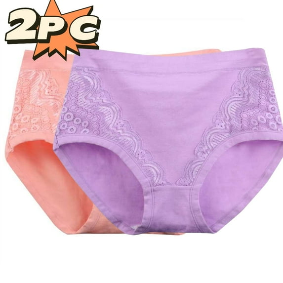 2PC Women's Cotton Underwear New Women's Solid Lace Plus Size High Waist Leak Proof Cotton Crotch Shorts Underwear Panties Multicolor 5XL