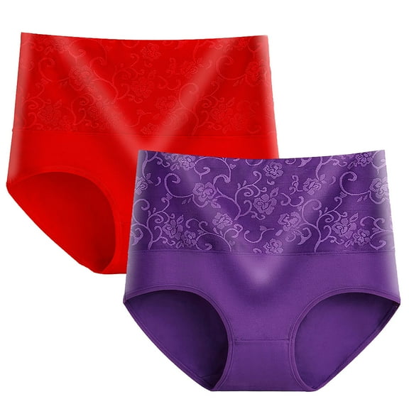 2PC Women's Cotton Underwear High Waisted Tummy Control Roses Jacquard Ladies Panties Full Coverage Briefs 2 Pack