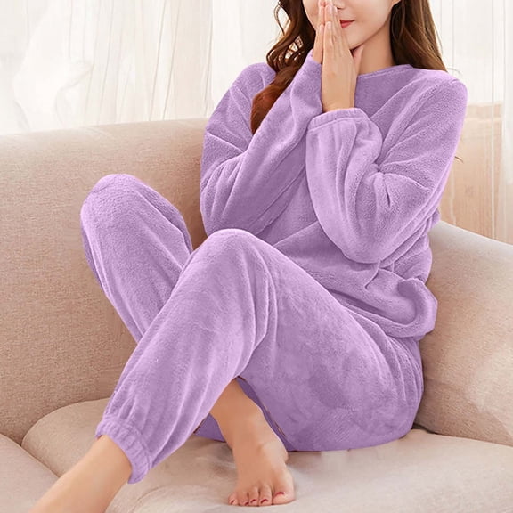 2PC Women's Fleece Lined Pajamas Set Long Sleeve Crewneck Pullover Top Elastic Waist Cuffed Joggers Loungewear Suit Purple M