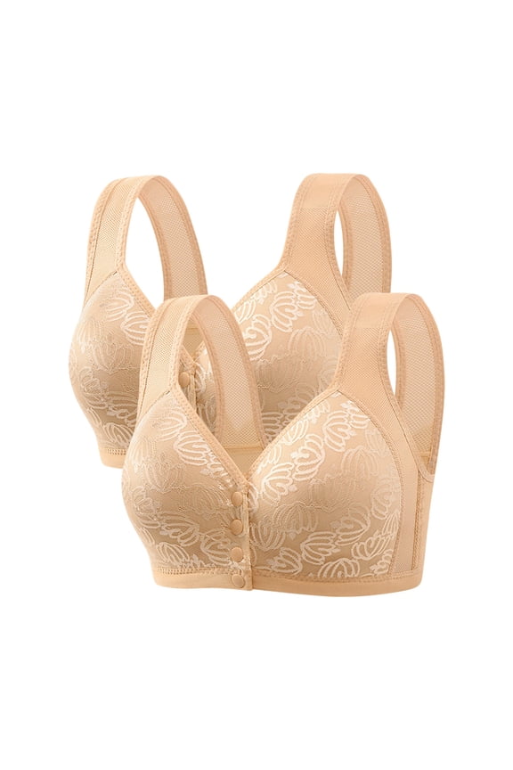 2PC Women's Full Coverage Bra Comfort Cushion Strap Wire-Free Bras Front Closure Large Bust Breathable Bralettes