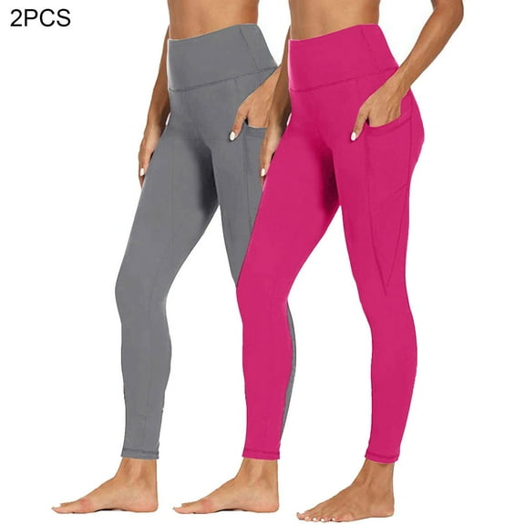 2PC Women's High-Waisted Tummy-Control Butt-Lifting Solid Color Yoga Leggings with Functional Side Pockets in Soft Four-Way Stretch Fabric for Workouts and Everyday Layering