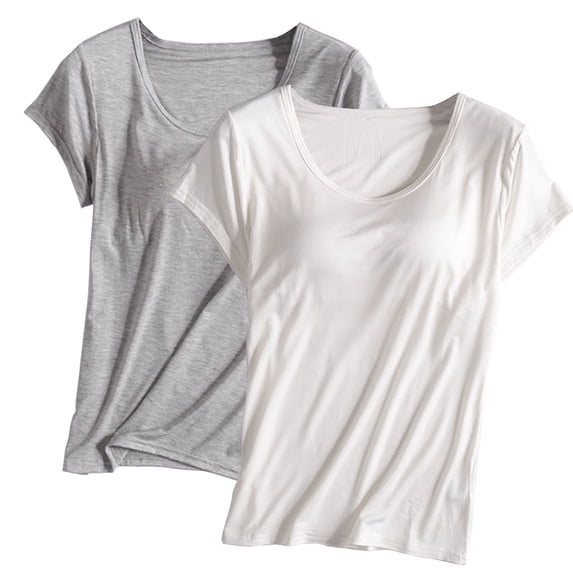 2PC Women's Modal Padded Built-in-Bra T-Shirts Short-Sleeve Crew Neck ...