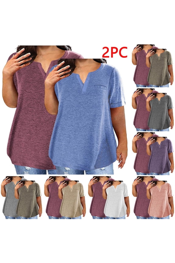 2PC Women's Oversized V Neck Solid Color T-Shirt Tee Top Loose Fit Casual Comfortable Summer Fashion Gift Set | CSEONE,Pink L
