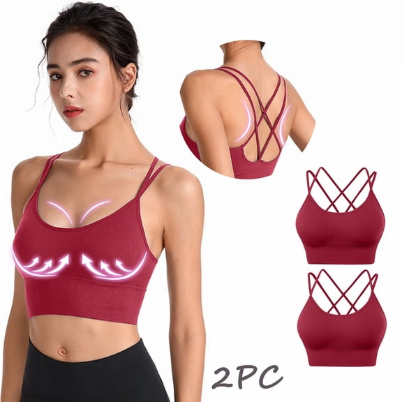 2PC Womens Back Sport Bras Padded Strappy Cropped Bras For Yoga Workout Fitness Low Bras Light Sports Bra Sports Bra Small Sports Bra Packs Womens Bras No Underwire Full Coverage Women Push up Bra