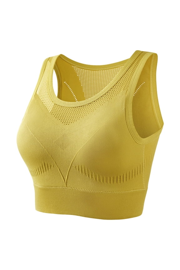2PC Womens Bralettes Integrated Breast Cushion Fixed Cup Hollow Out Back Triangle Bralette,Yellow,L