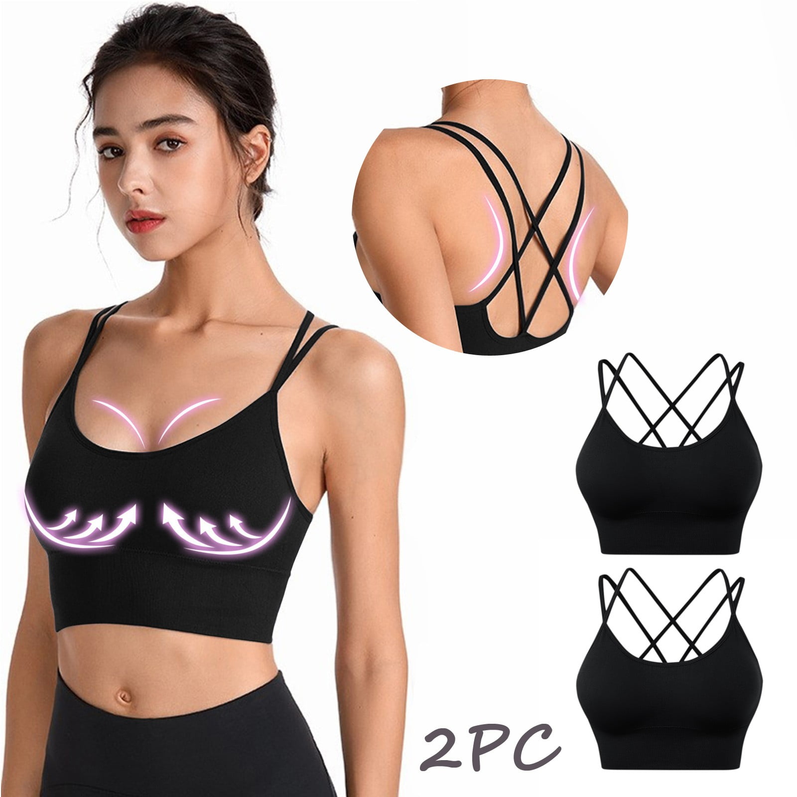 Evercute Cross Back Sports Bras 2 Pack - Padded, Strappy Criss Cross Design For Yoga, Low Impact Workouts