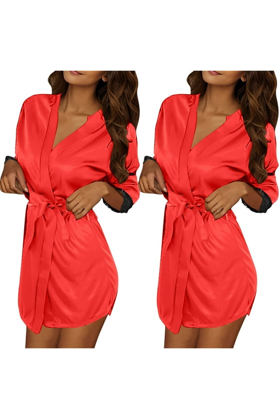 2PC Womens Dressing Gown Sleepwear Lightweight Bath Robe Short Sleeve Solid Color Loungewear Bathrobe Cosy Kimono Sleepwear Housecoat Nightwear Towelling Robe Casual Loose Nightgown Red Free Size