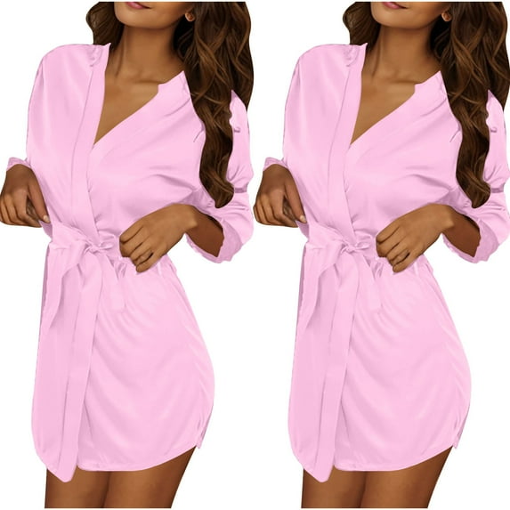 2PC Womens Dressing Gown Sleepwear Lightweight Bath Robe Short Sleeve Solid Color Loungewear Bathrobe Cosy Kimono Sleepwear Housecoat Nightwear Towelling Robe Casual Loose Nightgown Pink Free Size