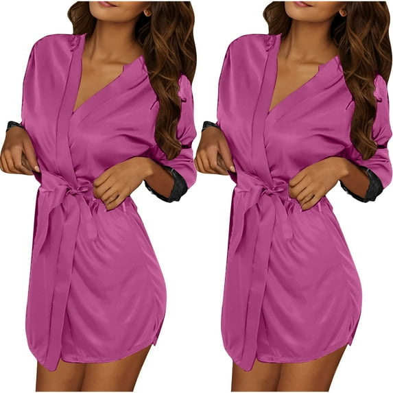 2PC Womens Dressing Gown Sleepwear Lightweight Bath Robe Short Sleeve Solid Color Loungewear Bathrobe Cosy Kimono Sleepwear Housecoat Nightwear Towelling Robe Casual Loose Nightgown Purple Free Size