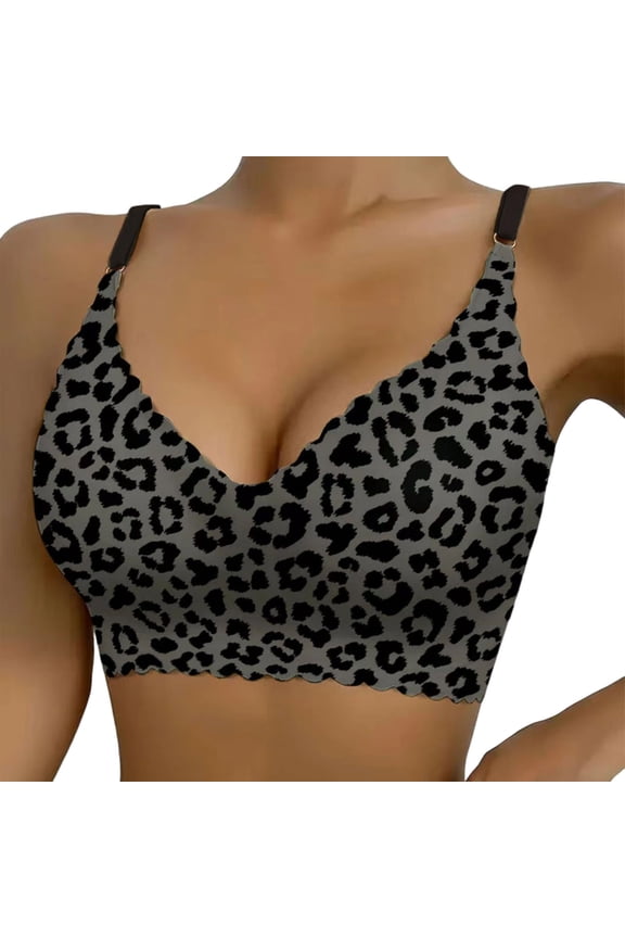 2PC Womens Lingerie Leopard Print Lette Comfort Supportive Non Minimizer Bras for Women,Black,M