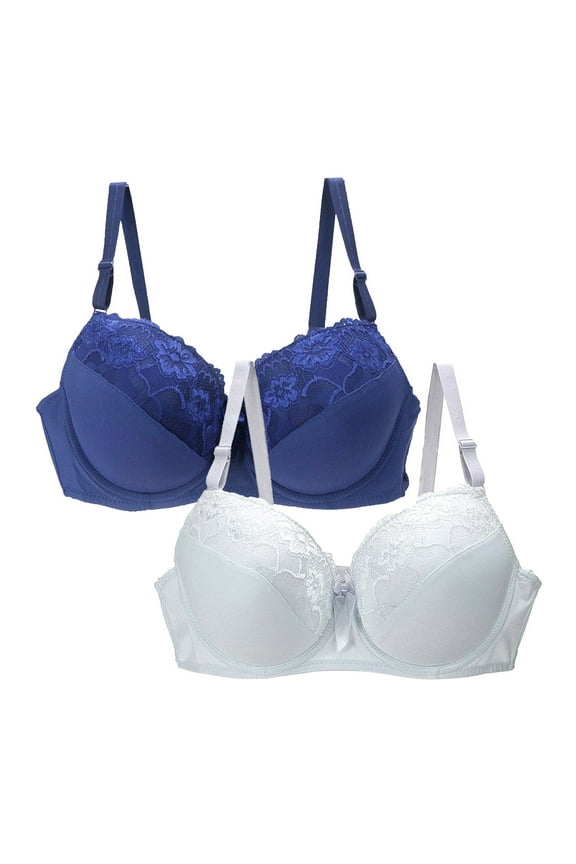 2PC Womens Push Up Lace Bras Plus Size Full Coverage Minimizer Wireless Seamless Comfortable Base Tops Underwear Bra,Blue,34 B