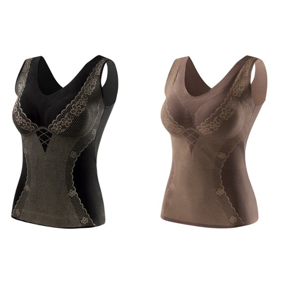 2PC Womens Thermal Tank Tops Built in Bra Warm Underwear High Stretch Sleeveless Camisoles Comfy Soft Base Layer Vest