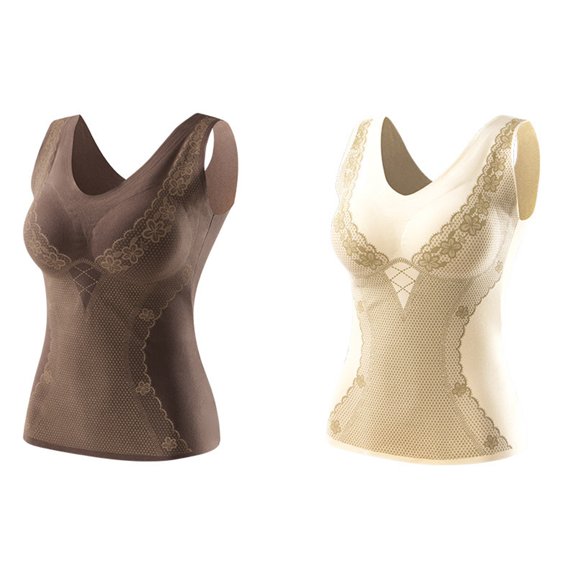 2PC Womens Thermal Tank Tops Built in Bra Warm Underwear High Stretch Sleeveless Camisoles Comfy Soft Base Layer Vest