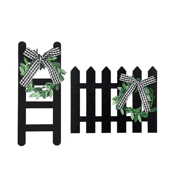 2PC Wooden Farmhouse Window Tiered Pallet Decor Rustic Farmhouse Decor Cathedral Arch Window Sign Wooden Fence Shape Mini Ladder Sign with Wreath Stand