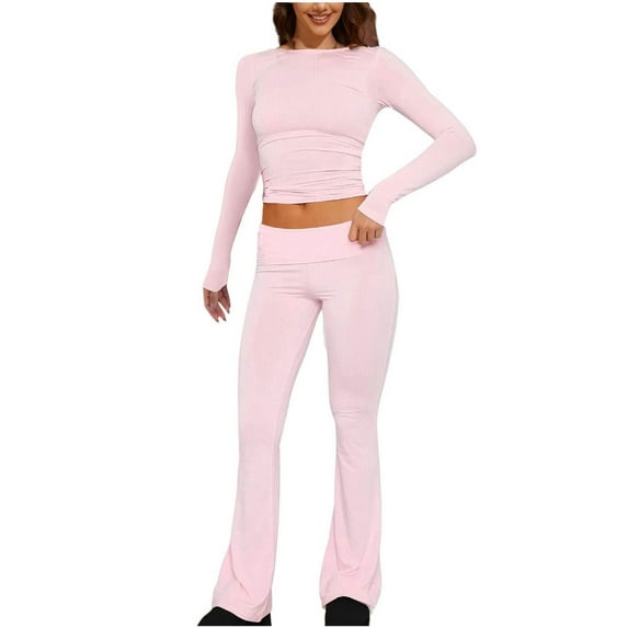2PC Workout Suit Set For Women Round Neck Crop Long Sleeve Tops Casual Loose Flare Pants Solid Color Slim Fitting Top And Pants Set,Pink,M