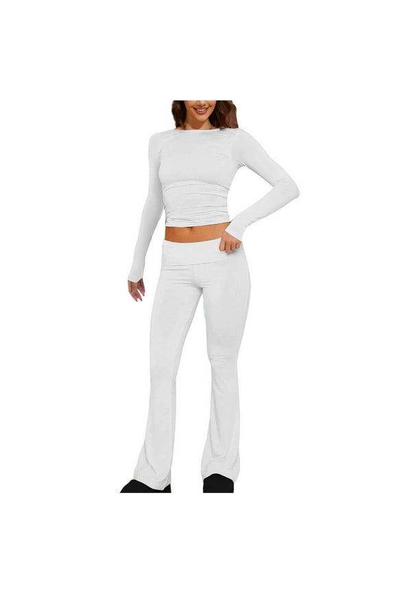 2PC Workout Suit Set For Women Round Neck Crop Long Sleeve Tops Casual Loose Flare Pants Solid Color Slim Fitting Top And Pants Set,White,S