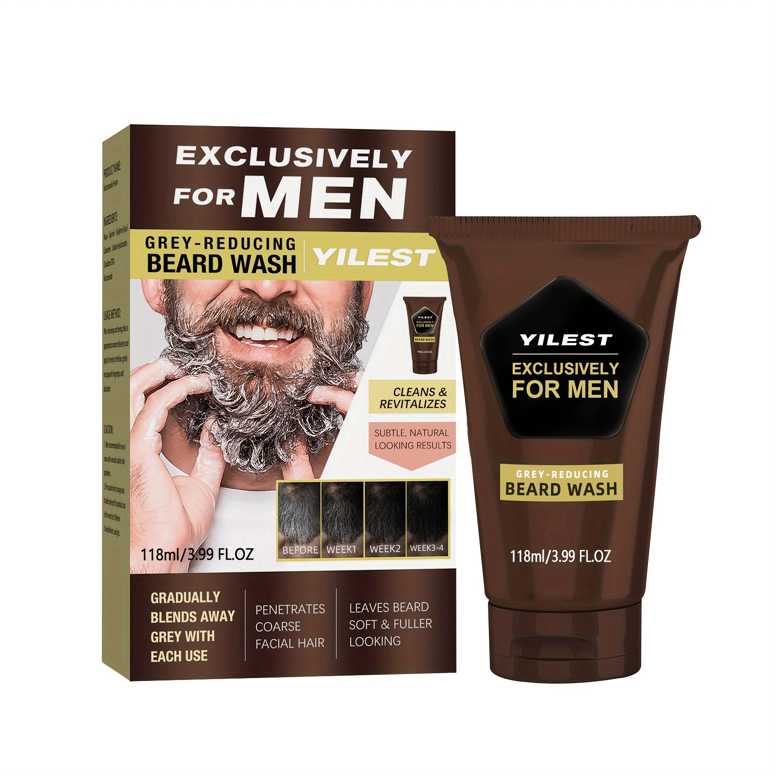 2PC YILSET Just For Men Control GX Grey Reducing Beard Wash Shampoo, Gradually Colors Mustache and Beard, Leaves Facial Hair Softer and Fuller, 4 Fl Oz