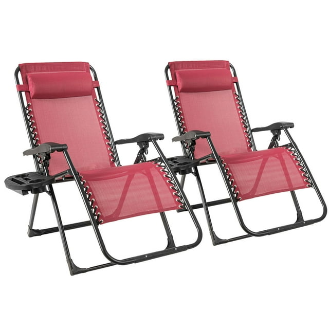2PC Zero Gravity Chair Oversize Lounge Patio Heavy Duty Folding Recliner Red