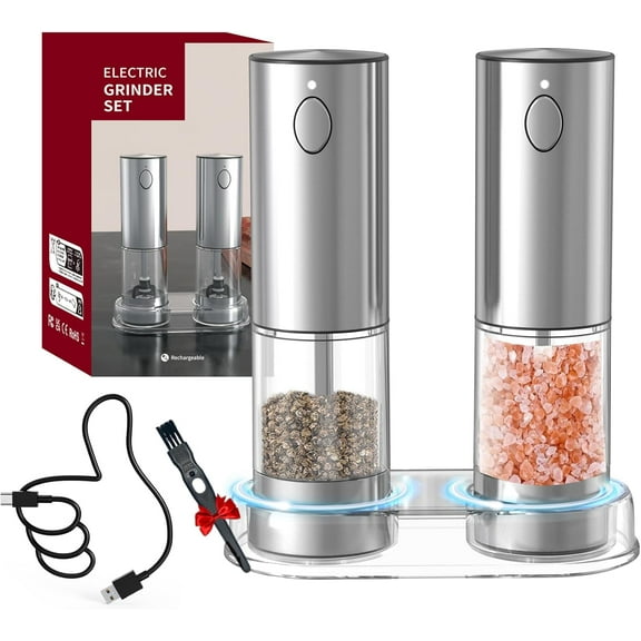2PCElectric Salt and Pepper Grinder Set, Pepper Mill With Adjustable Coarseness, 95ml Large Silo,Rechargeable Salt Pepper Shakers Steel Body with Ceramic Grinding Head, Brush