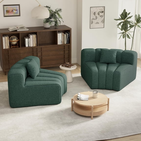 2PCS 1/8 Round Curved Sofa, 2 Seater Modular Velvet Couch, Modern Boneless Sectional Couches for Living Room, No Assembly Required, Green