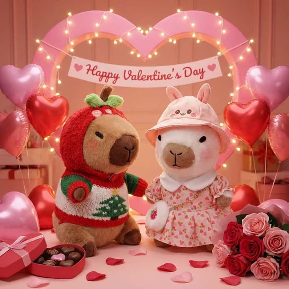 2PCS 10.2-Inch Capybara Plush Couple Set , Soft Stuffed Animals in Strawberry Hoodie & Bunny Hat Dress, Cute Plush Toys for Valentines Day, Birthdays & Room Decor
