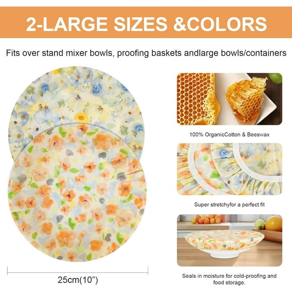 2PCS 10" Reusable Cotton Beeswax Bowl Covers, Elastic Rim Sourdough & Bread Proofing Covers for Food Storage and Preservation