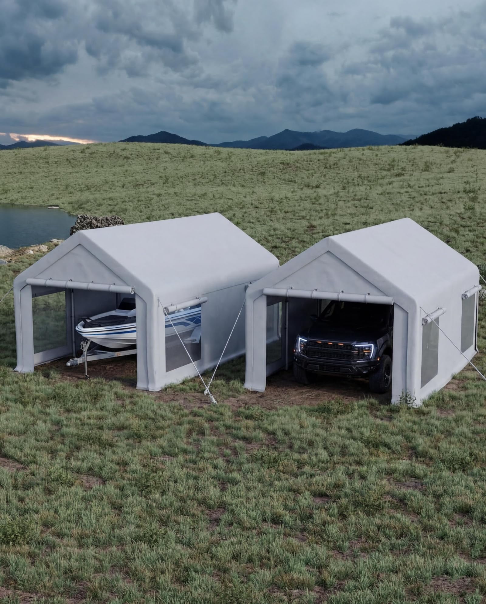 2PCS 10x20 ft Portable Garage Carport, Heavy-Duty 200g PE Tarp with 2 Roll-up Doors & 4 Windows, White Waterproof Shelter for Paint Booth, Boat, Pickup & Event