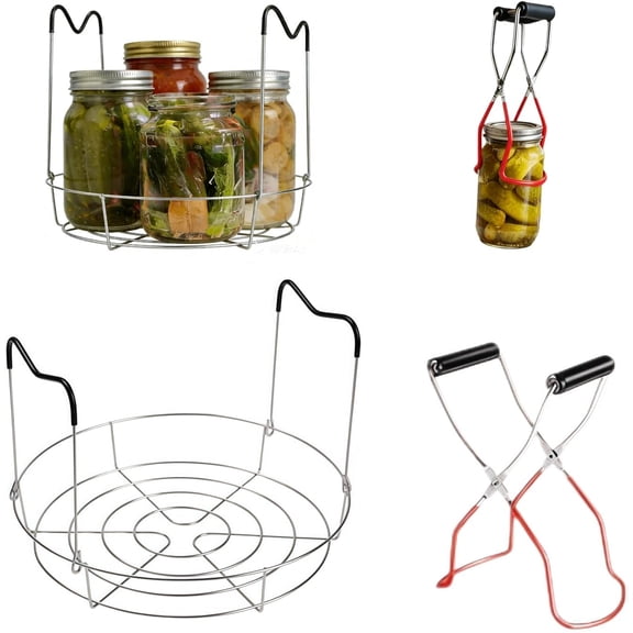 2PCS 11.4" Stainless Steel Canning Rack & Jar Lifter Tongs Set, Heat Resistant Handles Water Bath Canner Rack And Non-slip Jarring Kit for 6 Quart or 7 Pint Ball Jars in Pressure Canner Pot