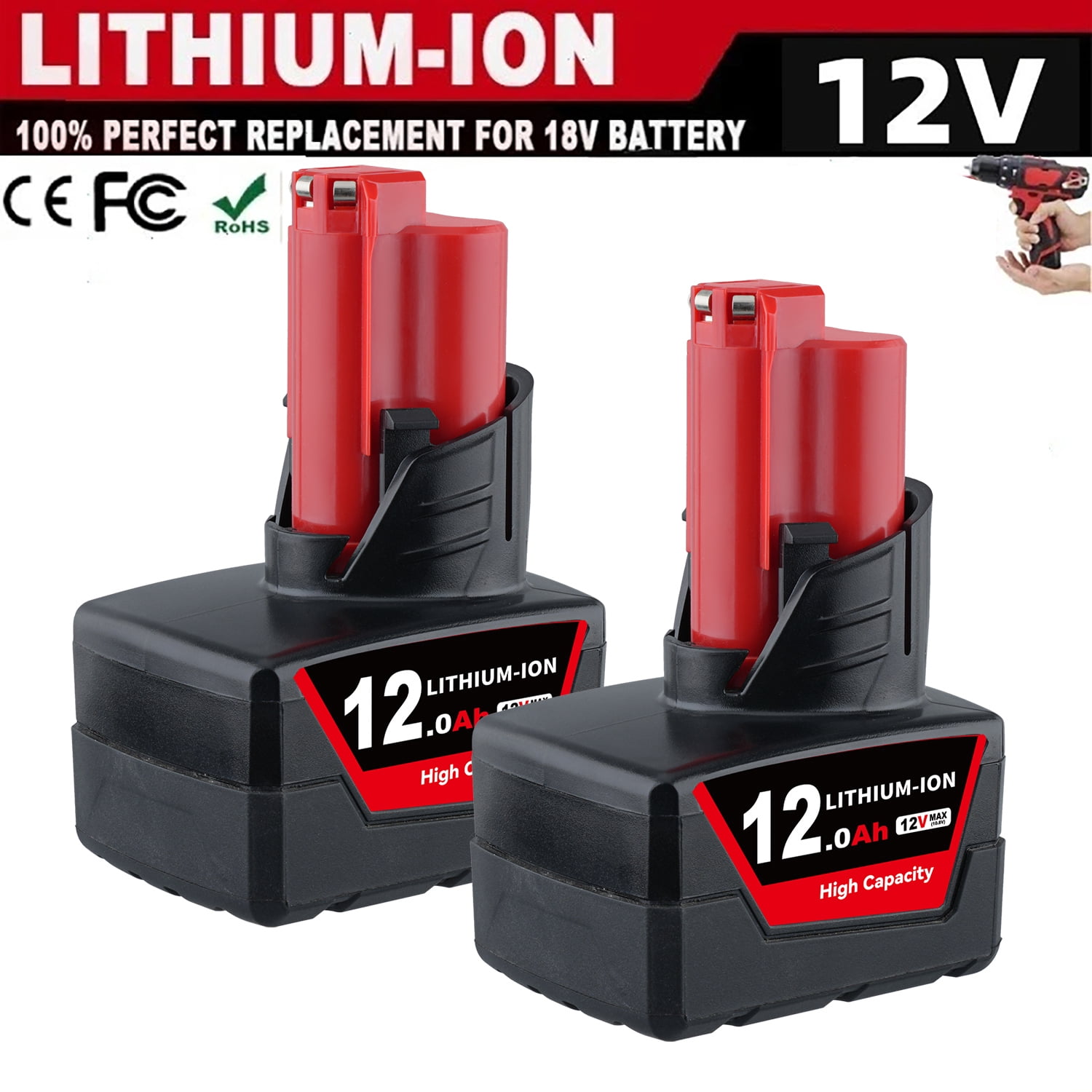 2PCS12.0AH M12 Replace for Miwoukee M12 12Volt Li-on Battery 48-11-2490 48-11-2403 48-11-2402 48-11-2412,Compatible with original 12v Cordless Power Tools and 12Volt Charger at Walmart