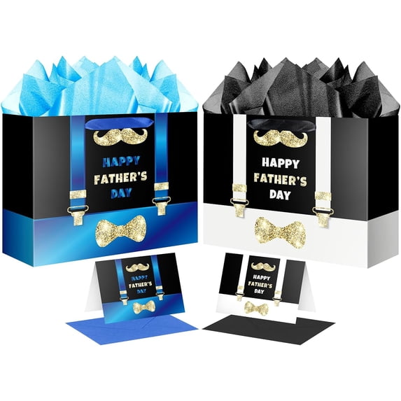 2PCS 12.6" Happy Father's Day Gift Bag with Card and Tissue Paper(Black, Blue)