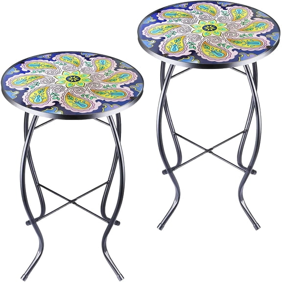 2PCS 12 Inch Small Outdoor Side Table with Purple Flower, Glass Mosaic Patio Table Indoor, Round Plant Coffee Table for Living Room, Balcony, Garden