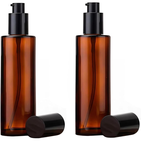 2PCS 120ml/4oz Empty Refillable Amber Glass Lotion Pump Press Bottles Soap Dispensers Containers Jars with Black Cap for Foundation Cream Makeup Removel Oil Shampoo