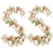 2PCS 12Ft Autumn Maples Leaf Pumpkin Berry Garland - Thanksgiving Halloween Mantle Fireplace Farmhouse Harvest Decorations for Home Outdoor Indoor Porch
