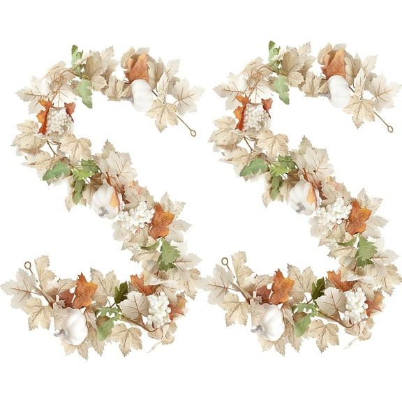 2PCS 12Ft Autumn Maples Leaf Pumpkin Berry Garland - Thanksgiving Halloween Mantle Fireplace Farmhouse Harvest Decorations for Home Outdoor Indoor Porch