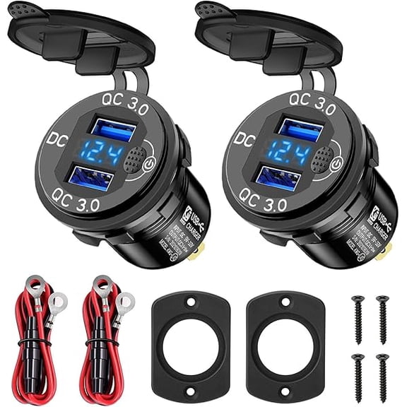 2PCS 12V USB Outlet, Dual 18W QC3.0 USB A Ports Car Charger Socket with Botton Switch & Blue LED Voltmeter for 12V/24V RV Boat Truck