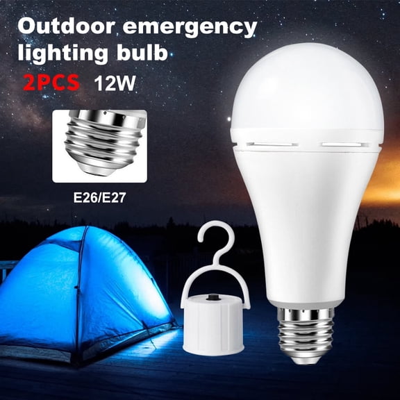 2PCS 12W rechargeable emergency LED bulb E26/E27 battery backup auto on power outage 1200lm bright light for home bedroom hallway garage storm kit camping lantern hook basement closet blackout ready