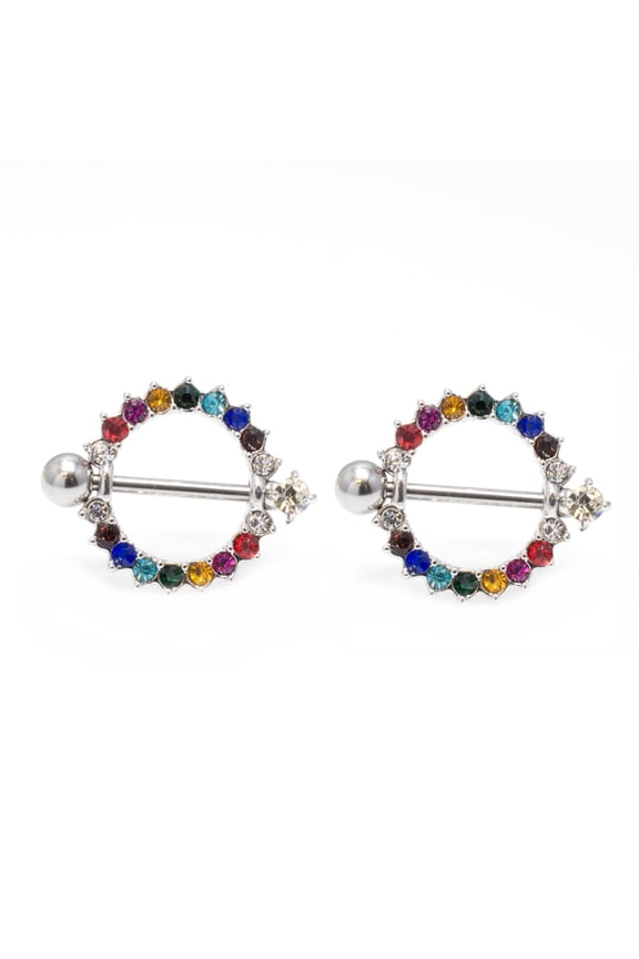 2PCS 14G Nipple Rings Circle of Life Sparkling Multicolored Crystal Rainbow CZ Nipple Shield Barbell Bar Piercing Jewelry 16mm 5/8 Inch