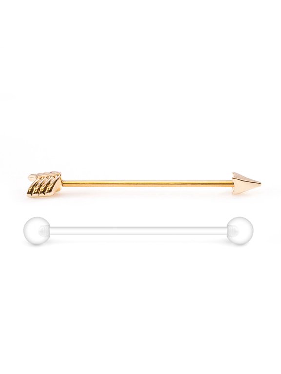 2PCS 14G Surgical Steel PVD Gold Arrow Industrial Barbell Earrings Acrylic Flexible Bioplast Industrial Retainer Clear Piercing 38mm 1 1/2 Inch